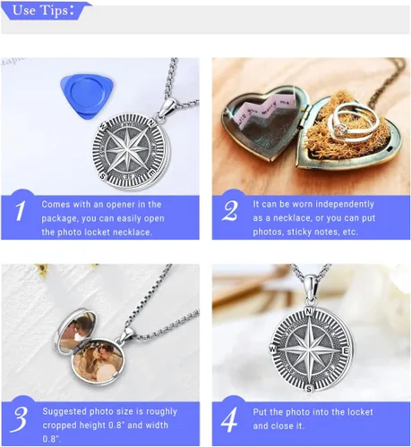 Vista 4 de Eusense Collar con medallón que sostiene imágenes de plata de ley 925 con medallón de fotos para mujeres y hombres, dorado