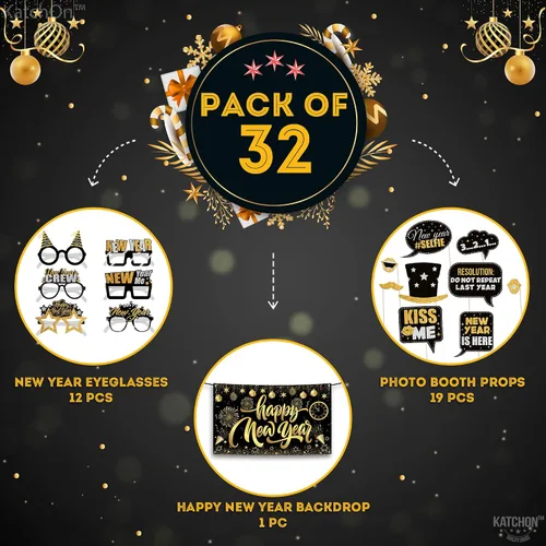 Vista 2 de KatchOn, Suministros para fiesta de Año Nuevo 2026 – Paquete de 32 Cartel de Feliz Año Nuevo, accesorios de cabina de fotos de NYE