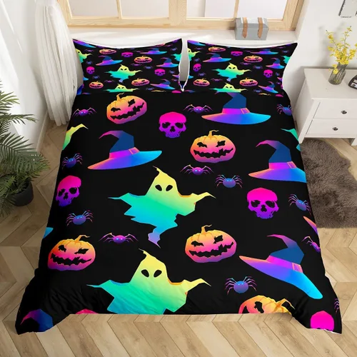 Vista 32 de Funda de edredón con diseño de murciélago, juego de ropa de cama de murciélago negro y naranja, funda de edredón temática de Halloween