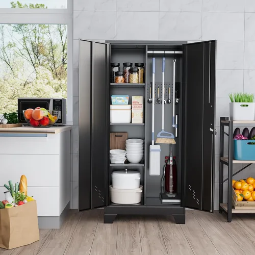 Vista 4 de Armario de almacenamiento de metal de 61 pulgadas con puertas con cerradura, gabinete de suministros de limpieza con tablero de clavijas y barra