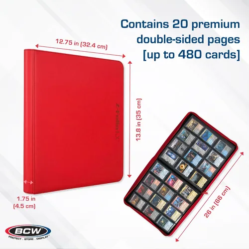 Vista 3 de BCW Z-Folio LX - Cartera con cremallera – Álbum de 12 bolsillos de cuero sintético rojo premium – Cremallera segura – Capacidad de 480 tarjetas
