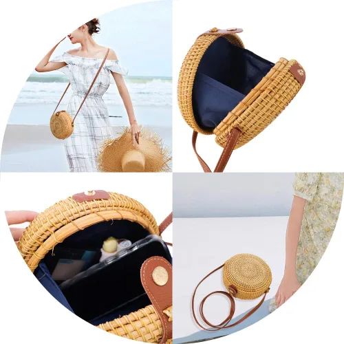 Vista 3 de WYBG Bolso de ratán bohemio tejido a mano con correa de cuero bolso de mimbre tejido redondo elegante para mujer bolso de hombro Bali Ata tejido
