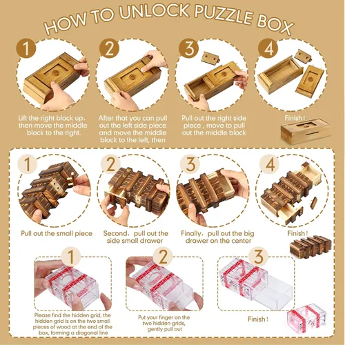 Vista 3 de Hanaive Paquete de 5 Cajas de Rompecabezas de Navidad, Caja de Regalo de Madera con Dinero Secreto, Rompecabezas Oculto con Compartimentos