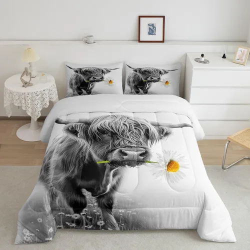 Vista 34 de Ropa de cama con estampado de vaca marrón tamaño individual, juego de edredón rústico de piel de vaca con calavera de vaca, relleno de edredón