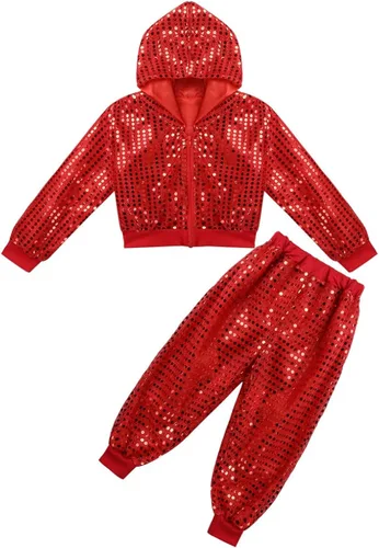 Vista 3 de Manyakai Ropa de hip hop con lentejuelas brillantes para niños y niñas, disfraz de baile callejero con capucha y pantalones, 2 piezas