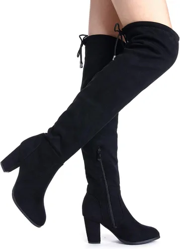 Vista 7 de DREAM PAIRS - Botas altas hasta el muslo de moda para mujer, botas largas y sexis de piel sintética con tacón ancho medio Negro
