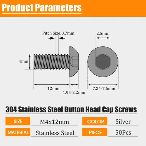 Vista 2 de Tornillo de Cabeza de Botón M3-0.5x12mm con Enchufe de Casquillo, Tornillos M3 de 12mm Métricas, Tornillos Allen Hexagonales, Acero Inoxidable