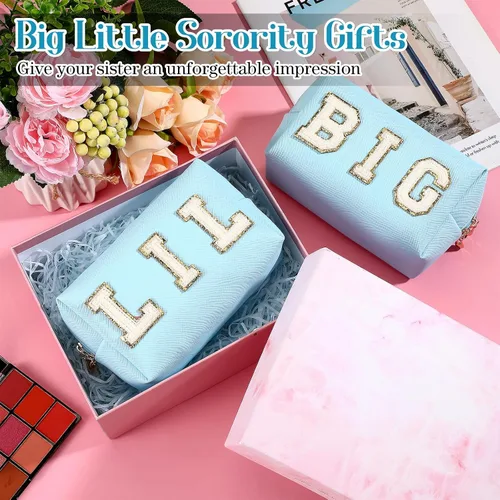 Vista 5 de Hillban 2 piezas Big Little Sorority Gifts Preppy Bolsa de cosméticos de piel sintética con parche de letras, bolsa de maquillaje portátil con bolsa