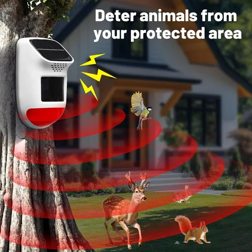 Vista 6 de Alarma Solar con Sensor de Movimiento - Sirena de Seguridad Impermeable IP65 de 120dB con Control Remoto y Luz Estroboscópica, 3 Modos