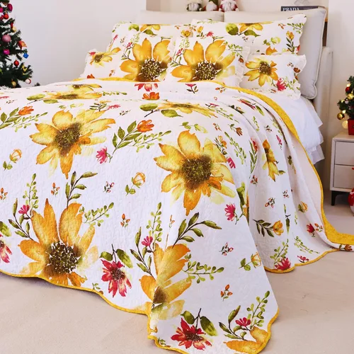 Vista 9 de EVENHUG Juego de Colcha de Algodón 100% Tamaño Twin Naranja Girasol Juego de Ropa de Cama Floral Colcha Ligera Reversible Cubrecama con 1 Funda