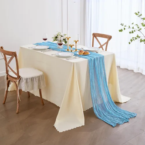 Vista 4 de Nialnant Camino de mesa de estopilla azul bebé, camino de mesa bohemio de 13 pies para cocina, cena, fiesta de Año Nuevo azul, decoración de bodas