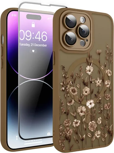 Vista 149 de Magnético para iPhone 13 con protector de pantalla [Compatible con MagSafe] Diseño de patrón floral de flores bonitas, funda delgada a prueba