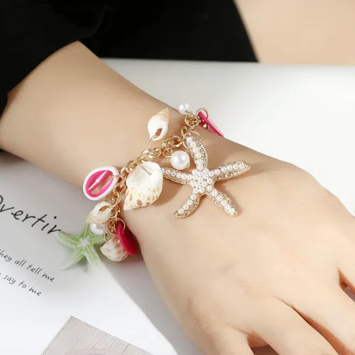 Vista 2 de RUOFFETA Collar de estrella de mar de concha, pulsera de caracola, collar grueso de sirena, joyería de playa para mujer