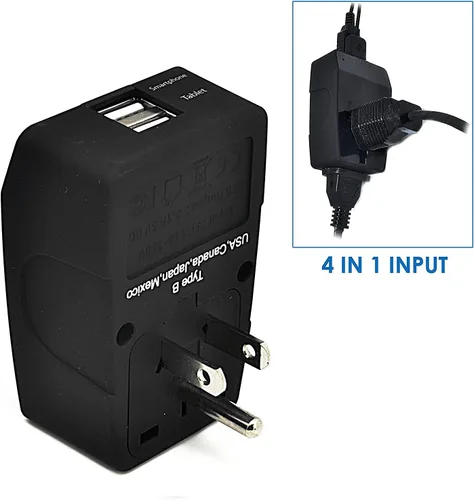Vista 3 de Enchufe adaptador de viaje Ceptics GP4-9 Schuko, 4 en 1, tipo E/F, enchufe universal con 2 puertos USB tipo B - EE.UU/Japón Negro