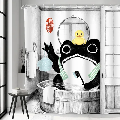 Vista 41 de Juego Divertido de Cortina de Rana Retro para Ducha, Juego de Baño 48x71 Pulgadas, Estilo Asiático Lindo, Arte Japonés Tradicional de Pato de Goma
