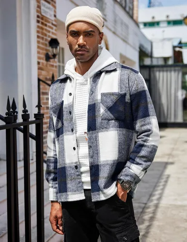 Vista 2 de COOFANDY Camisas de franela para hombre, casual, con botones, a cuadros, chaqueta de manga larga, chaqueta de forro polar con bolsillos