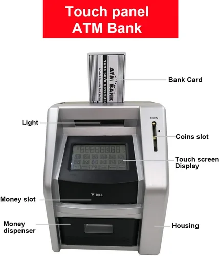 Vista 4 de Caja de ahorros de cajeros automáticos de juguete para niños con pantalla táctil electrónica Touch screen interface, realistic savings bank