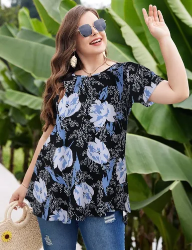 Vista 4 de MONNURO - Camiseta de manga corta para mujer, holgada con mucho vuelo, talla grande
