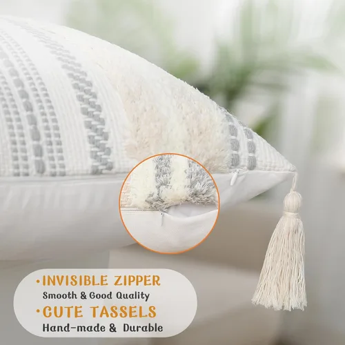 Vista 8 de decorUhome Funda de almohada decorativa bohemia de 18 x 18 pulgadas, funda de almohada de acento con textura neutra acolchada a rayas para sofá