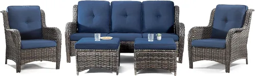 Vista 54 de Juego de 2 sillas de patio giratorias de 360 grados para exteriores y mesa auxiliar a juego – 3 sillas deslizantes de mimbre para patio con cojines