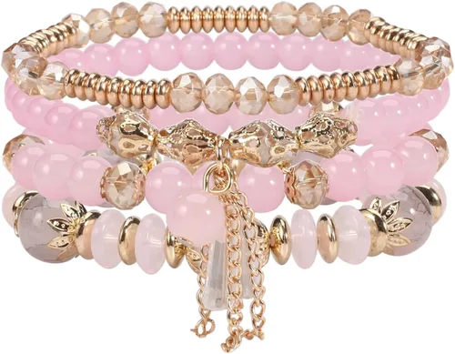 Vista 9 de Twinfree Pulseras bohemias para mujer, pulsera elástica de cuentas de colores multicapa con dije de joyería