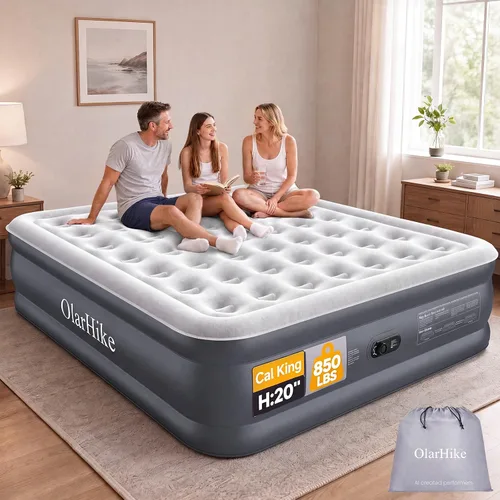 Vista 14 de OlarHike Colchón de aire individual con bomba incorporada, cama inflable de Altura estándar 18" Gris