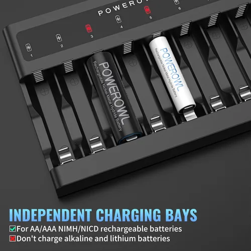 Vista 2 de POWEROWL Baterías AAA recargables de alta capacidad PRO con cargador de batería AA AAA 8 bahía