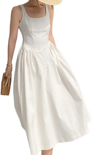 Vista 8 de PHILISENMALL Vestido de verano sin mangas para mujer, estilo francés, elegante, vestido de fiesta de noche, color puro, falda larga para fiesta