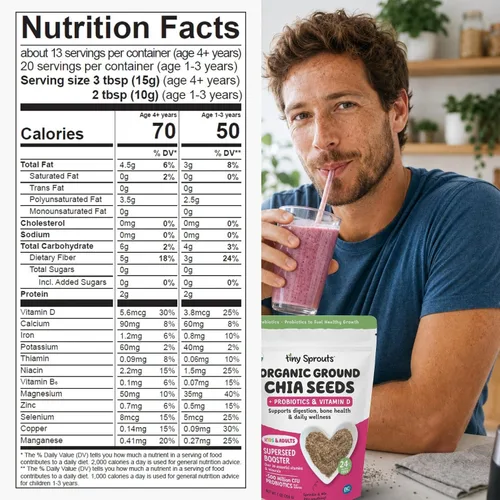 Vista 6 de Tiny Sprouts Semillas de Chía Molidas Orgánicas + Probiótico de Porción Completa + Vitamina D3 I Potenciador de Nutrición de Superalimento