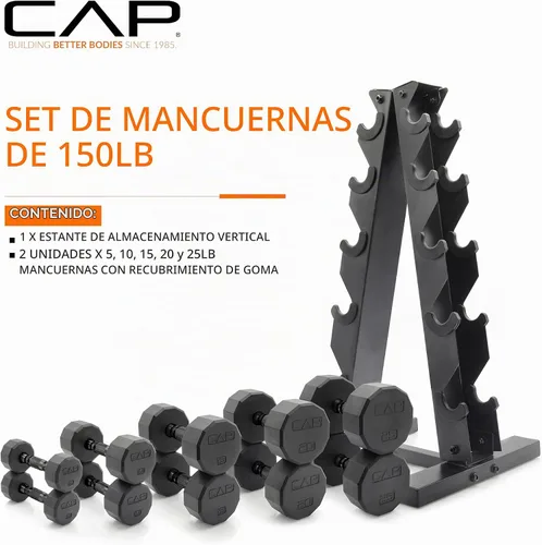 Vista 2 de CAP Barbell Juego de mancuernas hexagonales recubiertas de 150 libras con estante vertical Múltiples opciones