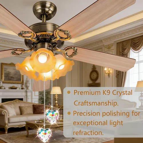 Vista 2 de Extensor de cadena para ventilador de techo, paquete de 2 colgantes decorativos de prisma de corazón de cristal de 12 pulgadas con conectores de AB