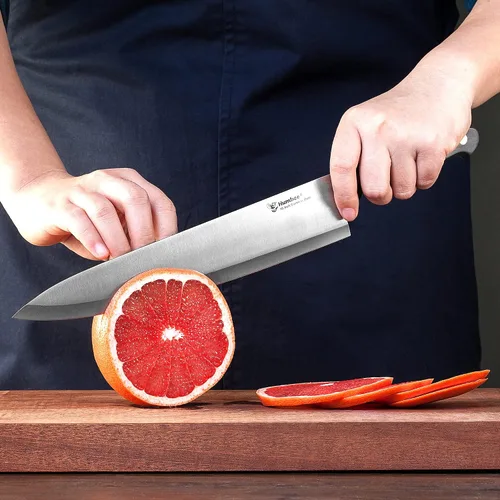 Vista 5 de Cuchillo de chef de 10 pulgadas, hoja de acero inoxidable de alto carbono afilada de espiga completa, borde de molienda hueco, mango de agarre