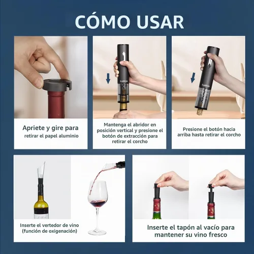 Vista 5 de Abrebotellas de vino eléctrico, 5 en 1, abrebotellas de vino Plata 5 en 1