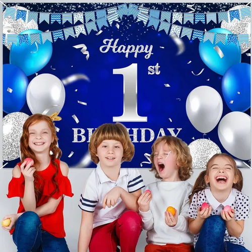 Vista 5 de Bandera de feliz primer cumpleaños con fondo azul marino, globos, confeti, bandera de rayas, luces de puntos, felicitaciones por el tema de 1 año