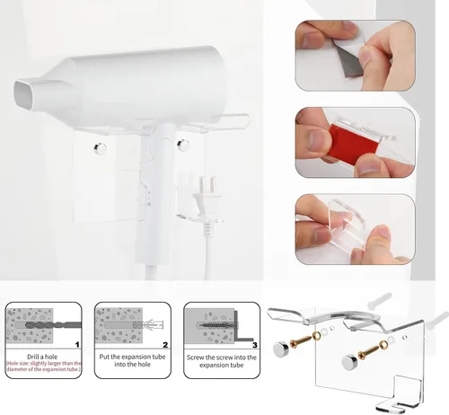 Vista 2 de Cosmos Soporte para secador de pelo de montaje en pared, estante de almacenamiento de acrílico para secador de pelo, organizador de almacenamiento