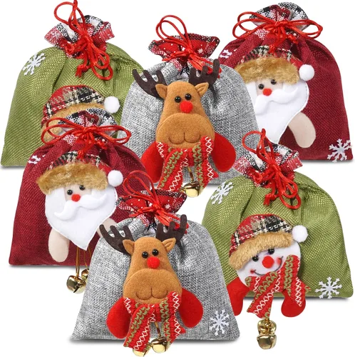 Vista 8 de SHANGRLA Bolsas de regalo de Navidad con cordón, diseño de muñeco de nieve, reno, Papá Noel y oso Lindas bolsas de regalo de Navidad para niños