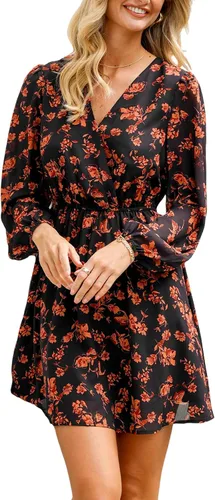 Vista 11 de CUPSHE Mini vestido floral con volantes, manga campesina, vestido de otoño, casual, vacaciones Negro