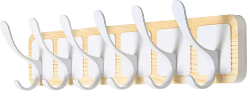 Vista 11 de SKOLOO Perchero de pared estilo escandinavo con 6 ganchos tallados en bloque de madera, colgador de pared para abrigos, sombreros, ropa, bufandas
