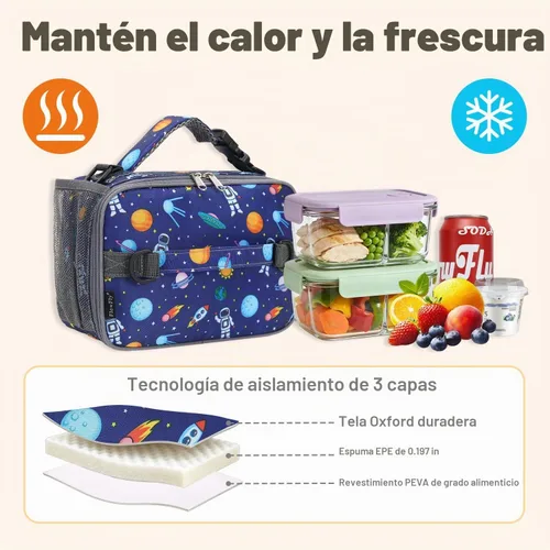 Vista 3 de Flowfly - Lonchera para niños, bolsa escolar aislada duradera con correa de hombro y soporte para botellas, minihielera térmica resistente al agua