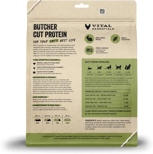 Vista 2 de Vital Essentials Alimento liofilizado para gatos, mini empanadas de conejo, bolsa de 15 onzas