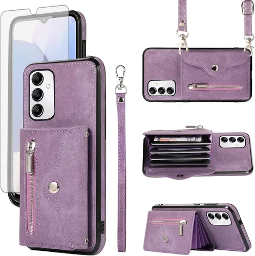 Vista 8 de Funda para teléfono Samsung Galaxy A14/M14 5G con protector de pantalla de vidrio templado y correa cruzada para la muñeca, cordón para el hombro