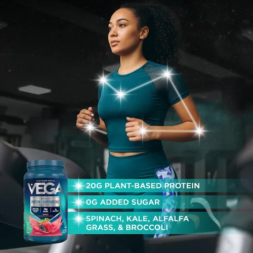 Vista 3 de Vega Protein + Supergreens - 20g de proteína a base de plantas, sabor a bayas, 26 porciones, verduras y vegetales reales, vegano keto, 0g de azúcar