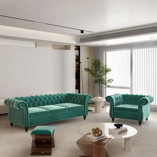 Vista 30 de QHITTY Juego de 2 piezas para sala de estar, Sofá Seccional Chesterfield Silla Contemporáneo Tapizado de Terciopelo Loveseat Juego de Sofás