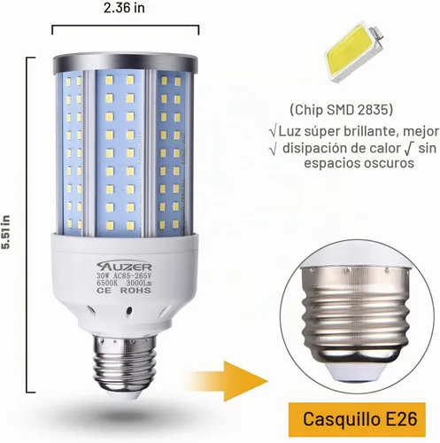 Vista 2 de Bombilla LED de maíz de 30 W (equivalente a 200 W), luz diurna, base estándar E26, paquete de 2