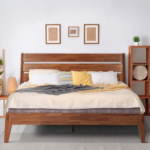 Vista 14 de Acacia Emery - Marco de cama con cabecero, cama de plataforma de madera 100% maciza, estilo de cama escandinavo con todos los colchones Americano