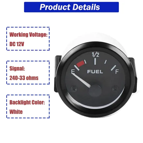 Vista 2 de Medidor de nivel de combustible de 2 pulgadas 52 mm, unidad de envío del tanque de combustible de 12 V, sensor de combustible de 240-33 ohm, puntero