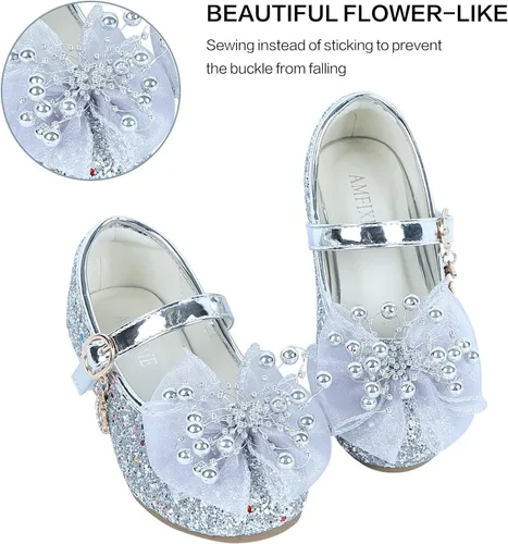 Vista 4 de AMFIXME Zapatos de vestir para niñas con 2 pares de calcetines, zapatos de tacón bajo Mary Jane para boda, fiesta, flores, zapatos de princesa
