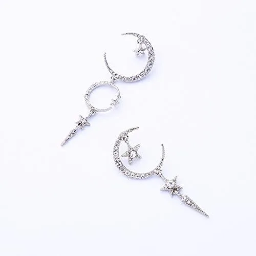 Vista 9 de Exaggerated - Aretes de gota con diseño de luna de sol y estrellas con diamantes de imitación punk, para mujer