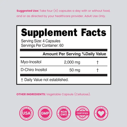 Vista 6 de Suplemento de Myo-Inositol y D-Chiro Inositol para Mujeres (240 Cápsulas, 2050mg Por Porción, Relación Ideal 40:1 Myo Inositol) Equilibrio Hormonal