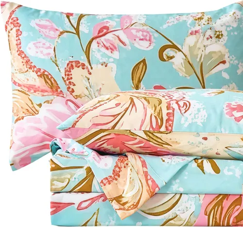Vista 21 de Zusbest Juego de sábanas florales de 100 % algodón percal, color naranja y amarillo, juego de sábanas suaves y transpirables con diseño botánico